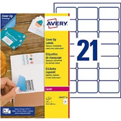 Avery L4613 Etiquettes De Masquage Permanentes Opaques Blanches 63,5 X 38,1 Mm Pour Imprimante Laser - 25 Feuilles A4 - 525 étiquettes Par Boîte