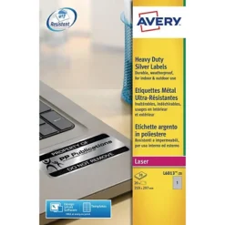 Avery L6013 Etiquettes Permanentes Et Ultra-résistantes Pour Imprimantes Laser Noir Et Blanc, 210 X 297 Mm, 20 Feuilles, 1 étiquette Par Feuille, Argent