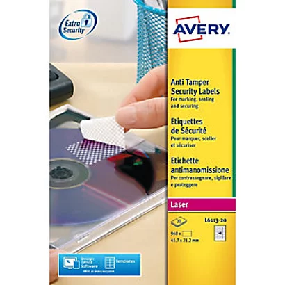 Avery L6113 Etiquettes De Sécurité Blanches Imprimantes Laser 45,7 X 21,2 Mm - 20 Feuilles - 960 étiquettes 1 Avery L6113 Etiquettes De Sécurité Blanches Imprimantes Laser 45,7 X 21,2 Mm - 20 Feuilles - 960 étiquettes
