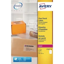 Avery L7567 Etiquettes Pour Colis Adaptées Aux Imprimantes Laser, 210 X 297 Mm, 25 Feuilles, 1 étiquette Par Feuille, Auto-adhésives, Transparentes