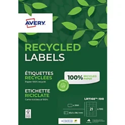 Avery LR7160 Etiquettes Auto-adhésives D'adresses Recyclées, Faciles à Décoller, 63.5 X 38,1 Mm - 100 Feuilles, 21 étiquettes Par Feuilles A4 - Blanches