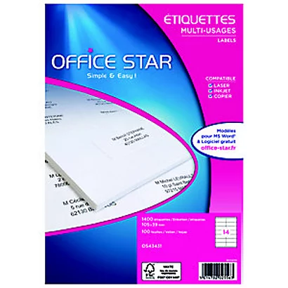 AVERY OFFICE STAR OS43431 Etiquettes écologiques Multi-usages 105 X 39 Mm - Boîte De 1400 - 100 Planches A4 - Blanches 1 AVERY OFFICE STAR OS43431 Etiquettes écologiques Multi-usages 105 X 39 Mm - Boîte De 1400 - 100 Planches A4 - Blanches