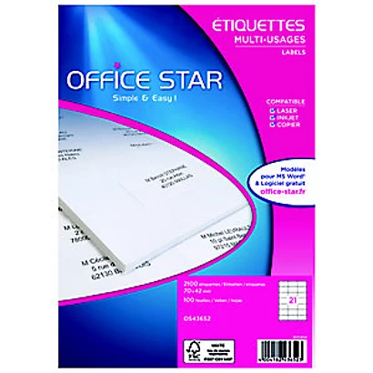 AVERY OFFICE STAR OS43652 Etiquettes écologiques Multi-usages 70 X 42 Mm - Boîte De 2100 - 100 Planches A4 - Blanches 1 AVERY OFFICE STAR OS43652 Etiquettes écologiques Multi-usages 70 X 42 Mm - Boîte De 2100 - 100 Planches A4 - Blanches