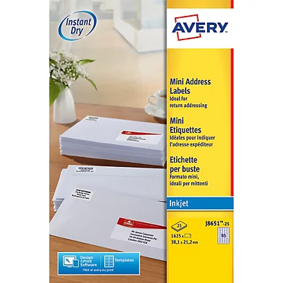 Boite De 1625 étiquettes Jet D'encre Blanches J8651 Format 38,1 X 21,2 Mm Avery 1 Boite De 1625 étiquettes Jet D'encre Blanches J8651 Format 38,1 X 21,2 Mm Avery