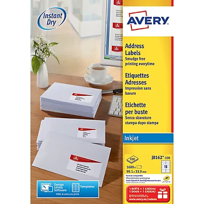 Boite De 640 étiquettes Jet D'encre Blanches J8162 Format 99,1 X 33,9 Mm Avery 1 Boite De 640 étiquettes Jet D'encre Blanches J8162 Format 99,1 X 33,9 Mm Avery