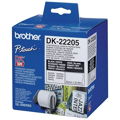 Brother Ruban Continu DK22205 Pour Imprimante QL - Support Papier Adhésif 62mmx30m - Noir Sur Blanc 1 Brother Ruban Continu DK22205 Pour Imprimante QL - Support Papier Adhésif 62mmx30m - Noir Sur Blanc