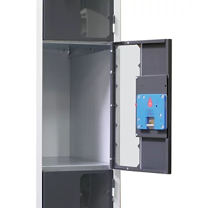 Casiers Consigne à Monnayeur , Portes Transparentes, 3 Colonnes De 4 Cases Larg.300 Mm, Anthracite/ Bleu 2 Casiers Consigne à Monnayeur , Portes Transparentes, 3 Colonnes De 4 Cases Larg.300 Mm, Anthracite/ Bleu – Image 2