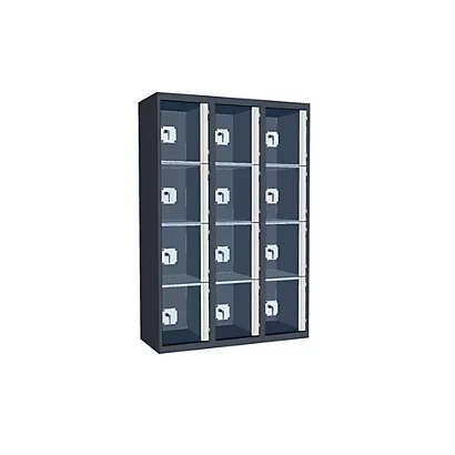 Casiers Consigne à Monnayeur , Portes Transparentes, 3 Colonnes De 4 Cases Larg.300 Mm, Anthracite/ Gris Clair 1 Casiers Consigne à Monnayeur , Portes Transparentes, 3 Colonnes De 4 Cases Larg.300 Mm, Anthracite/ Gris Clair