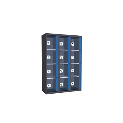 Casiers Consigne à Monnayeur, Portes Transparentes , 3 Colonnes De 4 Cases Larg.400 Mm, Anthracite/ Bleu 1 Casiers Consigne à Monnayeur, Portes Transparentes , 3 Colonnes De 4 Cases Larg.400 Mm, Anthracite/ Bleu