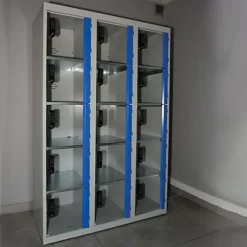 Vestiaire 3 X 5 Cases Gris/ Bleu Portes Plexi à Serrure E10 à Code électronique